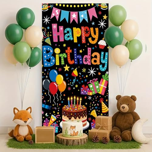 Happy Birthday Door Banner Backdrop (30 x 75 inches) - Colorful Party Porch Decoration, Birthday Celebration and Party Decorations - Birthday Hat Balloon Elements - color: multicolored#mf2602003