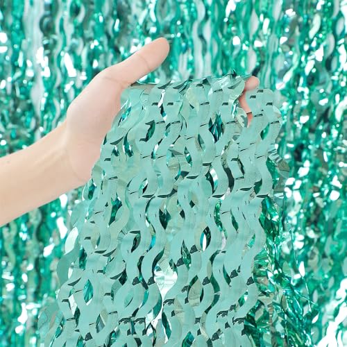 3 Pack Teal Aqua Blue Wave Foil Curtains - 3.3 ft x 6.6 ft Tinsel Metallic Streamers for Photo Booth Birthday Wedding Girl Princess Bachelorette Euphoria Theme Party Decorations - color: Teal Blue