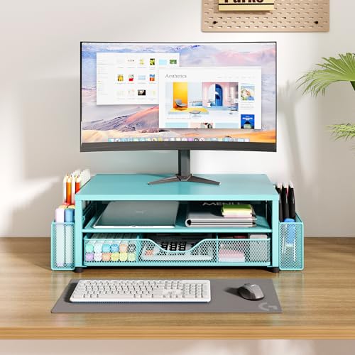OPNICE Desk Organizers and Accessories, 2-Tier Computer Monitor Stand Riser with Drawer and 2 Pen Holders, Laptop Stand, Office Desk Accessories for Office Supplies, Teal Blue - color: Teal Blue