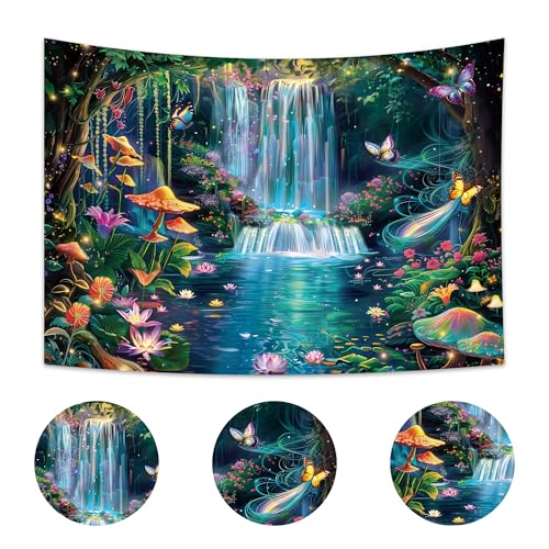 Fairy Backdrop 7Wx5H Feet Enchanted Woodland Waterfall Mushroom Green Butterfly Flower Polyester Fabric Tree Plant Leaves Birthday Photography Backgrounds Photo Shoot Decor Props Decoration - color: A-Fairy05, size: 7Wx5H