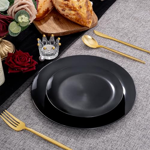 PULOTE 200PCS Black Plastic Plates - Heavy Duty Black Disposable Include 100 Each (10 inch Dinner & 7 inch Dessert) Plates, Disposable for Party, Birthday & Graduation - color: Black, size: 200 Pcs