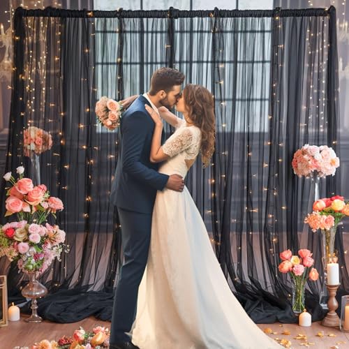 10x8ft Black Tulle Backdrop Curtain with Lights String for Parites, Sheer Photo Backdrop Curtains for Wedding Baby Shower Birthday Party Photo Shoot Decorations - color: Black, size: 10ft x 8ft(2 Panels 5*8ft)