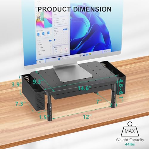 WALI Computer Monitor Stand with Storage, Desk Organizer with Drawer and Pen Holder, Desk Monitor Riser 3 Height Adjustable, Laptop Riser for Computer, Laptop, Printer(PTT003-B), 1 Pack, Black - color: Black, size: 14.6" * 9.3" with Drawer and Pen Holder