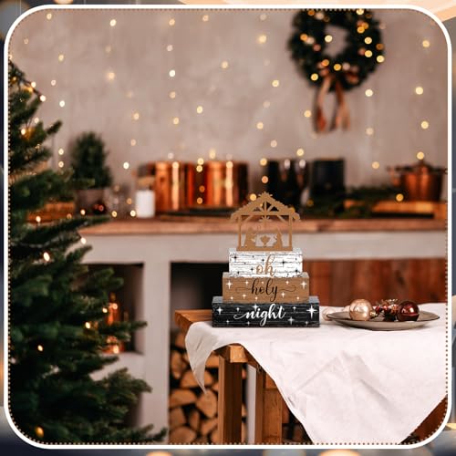 Geelin 4 Pieces Christmas Nativity Scene Table Decorations Xmas Wooden Silent Night Block Signs Holy Night Tabletop Centerpieces Farmhouse Tiered Tray Decor for Home Table Kitchen Shelf - style: Jesus