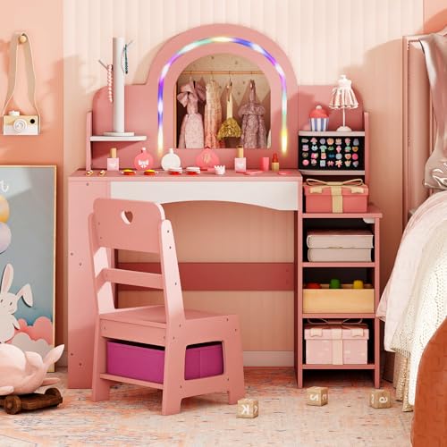 Costzon Kids Vanity, Girls Vanity Set with Lighted Mirror, Bookshelf, Jewelry Storage, Toddler Makeup Vanity Desk Dressing Table, Wooden Kids Vanity Table and Chair Set (Pink) - style: Pink