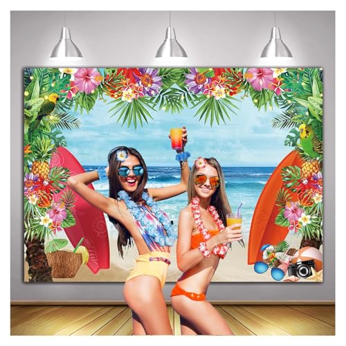 HQM 7x5FT Fabric Summer Tropical Beach Photo Background Beach Conch Hawaii Blue Sea Flower Children Birthday Luau Party Photography Backdrop Kids Baby Shower Cake Table Decor Supplies - size: 7x5 FT