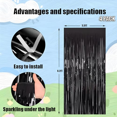 Valentines Day 4 Pack 3.3 * 8.3 ft Foil Curtain Metallic Tinsel Fringe Curtains Photo Booth Props Backdrop for Birthday Wedding Engagement Baby Shower Christmas Holiday Celebration Partyl,Black - color: Black, size: 4 Pack