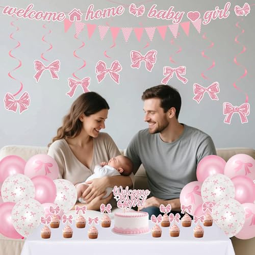 Welcome Home Baby Girl Decorations - 42 Pcs Pink Bow Baby Shower Decoration Banners Hanging Swirls Large Cake Topper Cupcakes Triangle Flag Balloons for Girls Baby Party Photo Props Decor Supplies