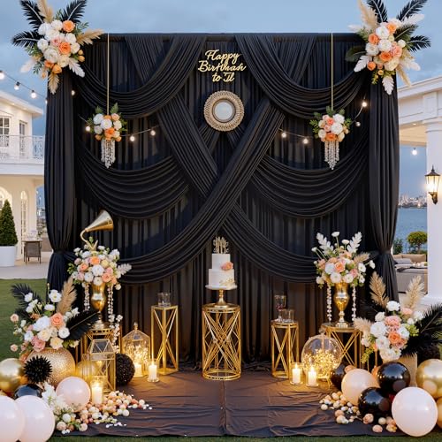 50 ft x 10 ft Wrinkle Free Black Backdrop Curtain for Parties, 10 Panels Polyester Black Photo Backdrop Drapes for Graduation Birthday Wedding Party Stage Curtains, Thick Bulk Background Curtains - color: Black, size: 5'(W) x 10'(H), 10 panels