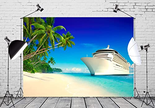BELECO Luxury Cruise Ship Backdrop Fabric 5x3ft Cruise Backdrop for Photography Tropical Ocean Island Caribbean Sea Palm Trees Summer Hawaii Luau Photo Background Birthday Wedding Photoshoot Props - size: 5x3FT