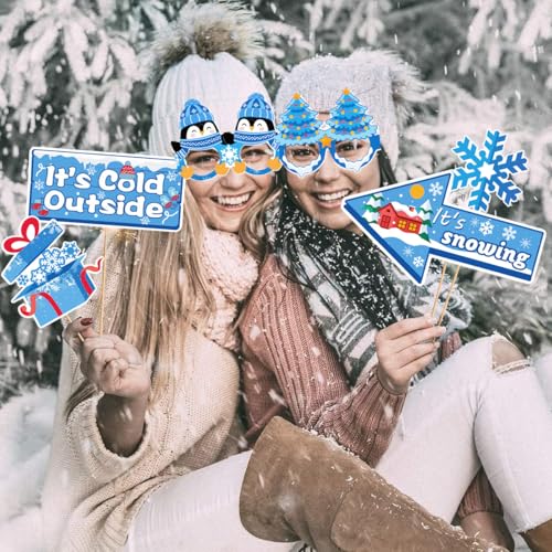 Qpout 38 Pcs Winter Photo Booth Props Kit with Glasses, Winter Wonderland Christmas Decorations, Snowman Snowflake Party Supplies, Holiday Photo Accessories
