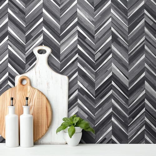 DICOFUN 10-Sheet Herringbone Peel and Stick Backsplash for Kitchen, Black & Grey Wood Look PVC Mixed Metal Chevron Stick on Backsplash Wall Tiles - color: Black Wood and Metal Silver, size: 10 Sheets, 12"x12"x0.12"
