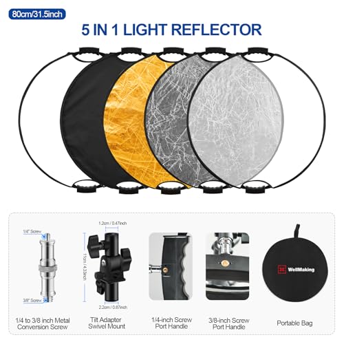 WELLMAKING 32 Inch (80cm) Reflector Photography, Collapsible Light Reflector with Bag & tilt Adapter, 5 in 1 Handle Reflector for Studio & Outdoor Lighting -Translucent, Silver, Gold, White and Black - size: 32 Inch (80cm)