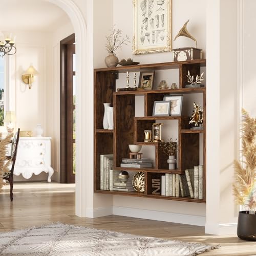 Armocity 6 Tier Display Book Shelf Wall Mounted Bookshelf Freestanding Geometric Bookcase Floating Book Shelves for Wall Bedroom Living Room Home Office, 45.5"(W) * 47"(H), Rustic Brown - color: Rustic Brown