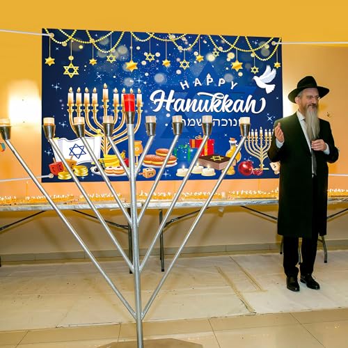 Lucleag Happy Hanukkah Backdrop Banner, 71 x 43 Inch Menorah Blue Shiny Lamps Chanukah Party Background for Hanukkah Decorations, Banner Photography Backdrop for Hanukkah Party Supplies