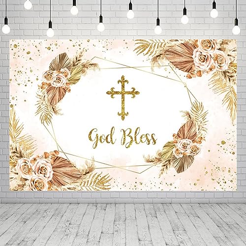 Boho Flowers God Bless Backdrop for Photography First Holy Communion Christening Baptism Photo Backdrop 10x8ft Mi Bautizo Background Girl Baby Shower Party Birthday Decoration Banner Props