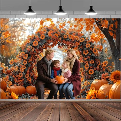 6X4FT Fall Photography Backdrop Autumn Enchanted Forest Maple Leaves Pumpkin Sunflowers Arch Party Background Thanksgiving Party Decorations Farm Harvest Event Banner Friendsgiving Photo Booth Props - color: Yellow, size: 6X4FT