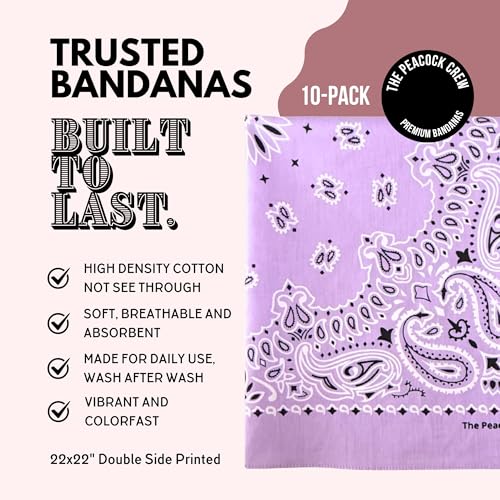 The Peacock Crew Premium Soft Cotton Bandanas Pack for Men and Women Paisley 22 x 22 inches - color: Pack of 10 Lavender