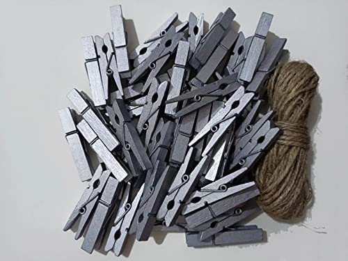 1.8 Inch Silver Wooden Clothespins Hold Picture Photo Clothesline Pins Hanging Christmas Cards with Jute Twine Pack 50 - color: 50pcs (2 Inch) Silver + Jute Twine