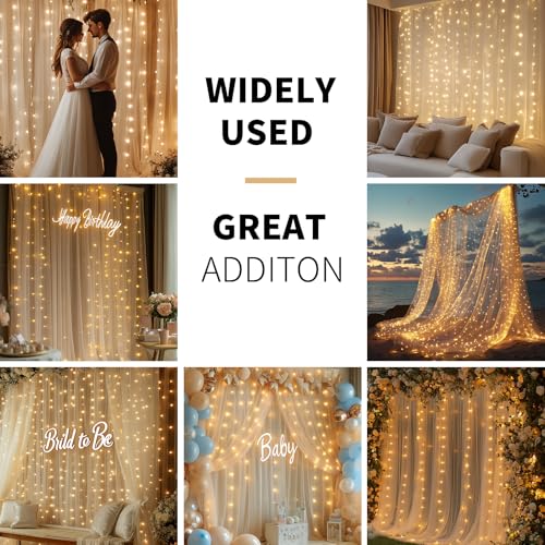Champagne Tulle Backdrop Curtain with Lights - 10x10ft Sheer Backdrop with 300 LEDs for Wedding, Baby Shower, Bridal Shower, Birthday Party Photo Shoot Background and Home Decorations - color: Champagne, size: 10 x 10 Feet