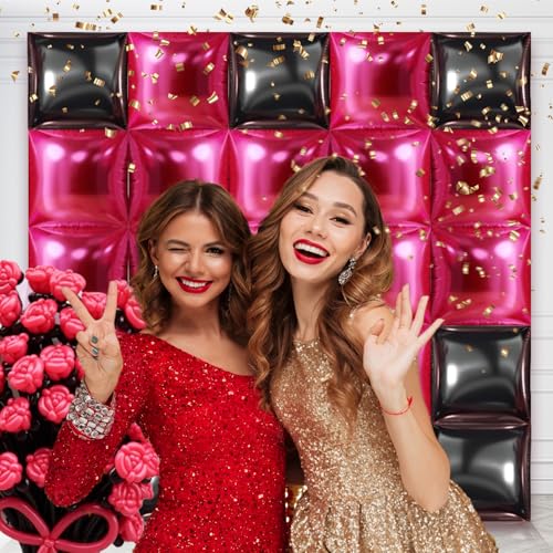 50PCS Hot Pink and Black Square Foil Balloon Wall, 19'' Reusable DIY Mylar Double Side Balloons Garland Tunnel Arch Kit for Anniversary Baby Shower Bachelorette Birthday Engagement Bridal Decor - color: Black & Pink