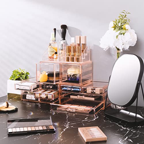 Sorbus Large Makeup Organizer - Clear Stackable Jewelry & Makeup Organizer For Vanity, Bathroom Storage, Dresser - 12 Drawers Cosmetic Beauty Organizers and Storage with Lipstick, Makeup Brush Holder - color: Pink