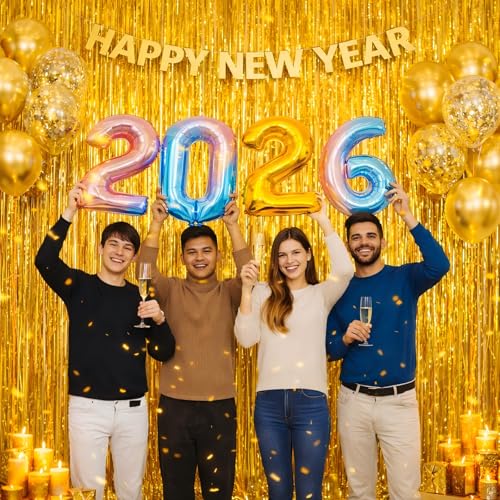 Foil Fringe Curtains Party Decorations for 2026 NYE - Melsan 3 Pack 3.2 x 8.2 ft Tinsel Curtain Party Photo Backdrop for Birthday Party Baby Shower or Graduation Decorations (Pure Gold) - color: Pure gold