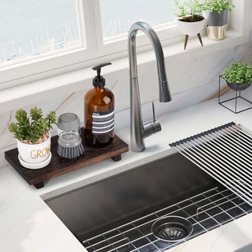 Bathroom Tray Farmhouse Decor Pedestal Stand Wood Riser Display Kitchen Accessories Soap Holder for Sink, Counter, Vanity, 11 * 5.5 Dark Brown - color: Drak Brown, size: 11" x 5.5" x 1.6"