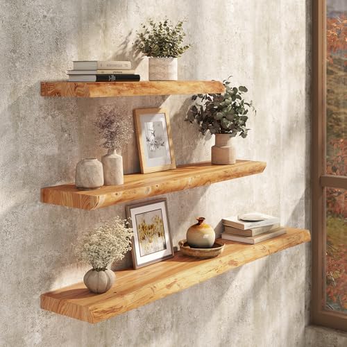 Floating Shelves Set of 2, Solid Elm Wood Wall Shelves 24 Inch - Invisible Bracket Mount for Living Room, Bedroom, Kitchen, Bathroom - Natural - color: Clear Natural, size: 24"L, 2-Pack
