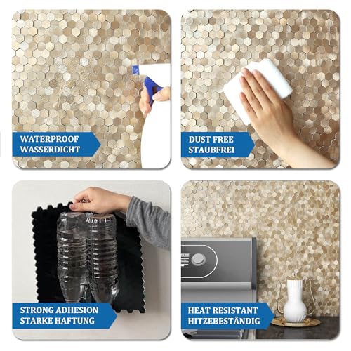 3D Metal Peel and Stick Backsplash for Kitchen,Mini Hexagon Tile Stickers Self Adhesive Wall Tiles Heat Resistant(8 Sheets,Champagne Gold) - color: Champagne Gold