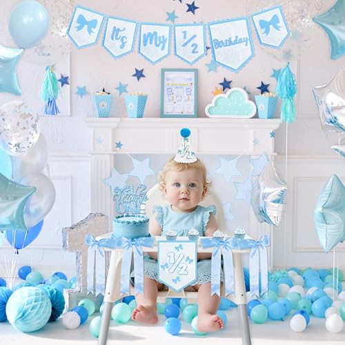 1/2 Birthday Girl Half Birthday Decorations - blue Bow It's My 1/2 Birth Banner, Glitter Cake Topper, Ribbon Bow Wood Bead High Chair Banner & Cone Hat, Halfway to One Baby Girl Party Supplies(Blue) - color: Blue