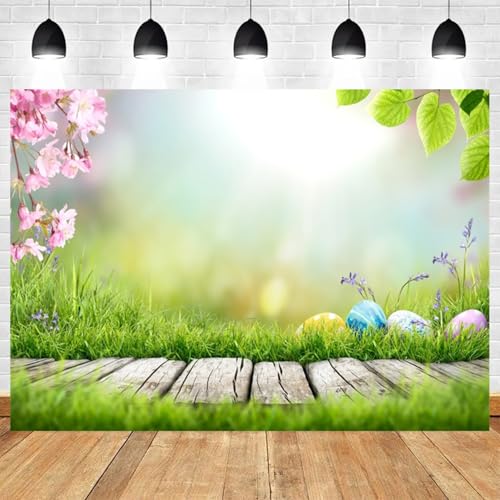 5x3ft Spring Easter Backdrop Cherry Blossom Green Grass Wood Plank Photo Background Colorful Eggs Floral Decor for Photography Baby Shower Birthday Party Decor Festive Photo Booth Prop - color: color 5, size: 5x3ft