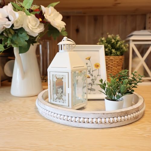 Hrastany Round Wood Serving Tray with Beaded, 13” Rustic Wooden Decorative Coffee Table Tray for Centerpiece, Ottoman, Farmhouse Circle Trays for Counter, Living Room, Home Decor (Whitewashed) - color: Round Whitewashed, size: 13"