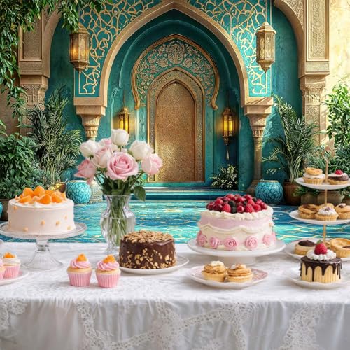 5X3ft DYNH Arabian Moroccan Nights Party Backdrop, Morocco Palace Arch Architecture Middle Eastern Teal Luxurious Backdrop for Moroccan Wedding Birthday Party Background Decorations Photo Studio Props - color: Turquoise4, size: 5 x 3 ft
