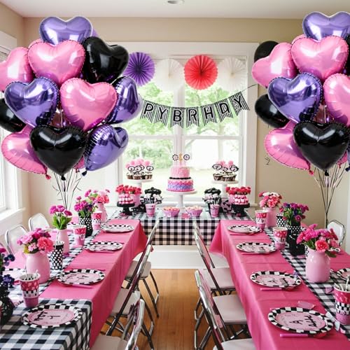 TONIFUL 30Pcs 18 Inch Black PInk Light Purple Balloons Heart Shape Foil Mylar Banners Decoration for Birthday Valentine's Day Wedding Bridal Shower Anniversary Engagement Party Supplies - color: Black Pink Light Purple