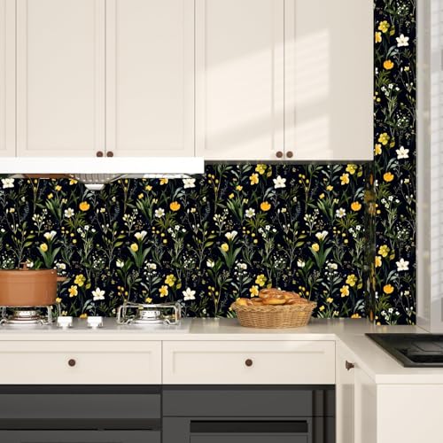 Dark Floral Peel and Stick Wallpaper Vintage Green Leaf Contact Paper Blue Flower Wall Mural Home Vinyl Waterproof Self Adhesive Removable Renter Friendly Wall Paper 17.5" x 118" - color: Green and Black, size: 17.5" x 118"