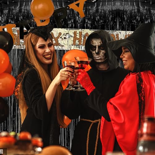 2 Pack Black Party Streamers Backdrop Tinsel Foil Fringe Curtains Halloween Party Decorations Birthday Wednesday Twilight Party Decorations Graduation Wizard Party Supplies - color: Black, size: 39.4"w X 78.7"l (Pack of 2)