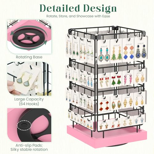 EsLuker.ly Rotating Earring Display Holder Stand for Vendors Events Selling, Large Capacity 64 Hooks Jewelry Rack with Wooden Base for Earring Card Sales, Enhances Retail Display Visibility(Pink) - color: Pink+Black
