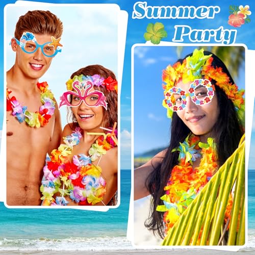 HOWAF 24pcs Hawaii Paper Glasses,Luau Party Eyeglasses Photo Booth Props Kit for Summer Tropical Party Favors,Hibiscus Flower Glasses for Beach Party Decor Eyewear,Aloha Tropical Flower Photo Glasses