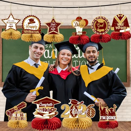 10PCS Graduation Party Decorations Class of 2026 Congrats Grad Table Centerpieces Congratulate Graduation Honeycomb Table Toppers for Graduation Party Supplies(Maroon Gold) - color: Maroon Gold
