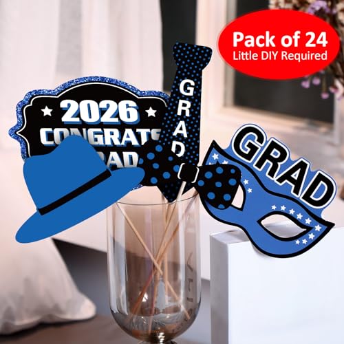 Blulu 24 Pieces 2026 Graduation Party Photo Booth Props Kit, Funny Graduation Party Selfie Props, Selfie Photo Frame for High School and College Grad Favors Supplies(Blue) - color: Blue