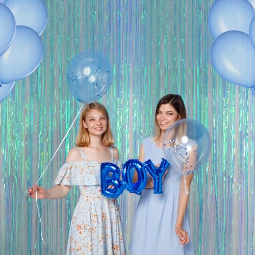Melsan Iridescent Blue Fringe Backdrop Party Streamer Decorations - 3.2 x 6.5 ft Tinsel Backdrop Foil Curtains for Gender Reveal Under The Sea Ocean Theme Birthdays Parties - 2 Packs - color: Iridescent Blue, size: 3.2 x 6.56 ft