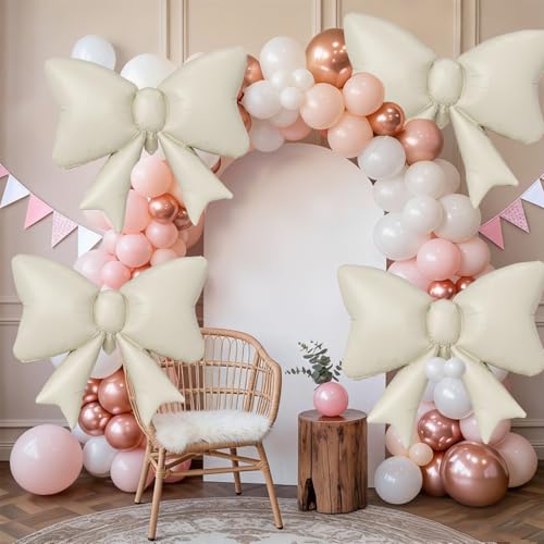 6PCS Cream Bow Balloons, 35 Inch Beige Bow Foil Balloon, Cream White Matte Helium Balloons, for Girls Women Birthday Wedding Engagement Valentine’s Day Proposal Baby Shower Party Decoration - style: Matt Bow Cream