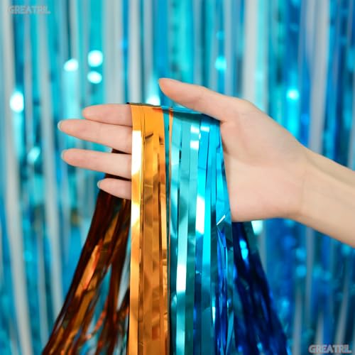 Orange Blue Party Streamers Backdrop - GREATRIL Tinsel Fringe Curtain for Blue Dogs Themed Birthdays Decoration 2 Packs - color: Orange Blue