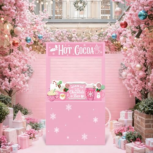CroBlissful Pink Hot Chocolate Bar Decor Supplies 4 x 2.3 ft Christmas Cardboard Cutout Photo Booth Props Hot Cocoa Party Background Decor for Christmas Winter Holiday New Year Decorations - color: Pink, style: Christmas