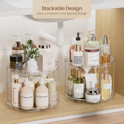 LAMU 2Pack 2 Tier Lazy Susan Organizer 12 inch Large Lazy Susan Turntable Rotating Spice Rack Organization for Cabinet, Kitchen, Pantry, Countertop, Bathroom, Vanity, Medicine Cabinet Organizer, Clear - color: Clear, size: 12in 2 Pack