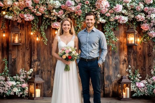 5X3ft Rustic Wooden Floral Wedding Backdrop Pink Roses Farmhouse Photography Background Vintage Style Decor for Bridal Shower Birthday Party Photo Studio Props Wall Decor Banner - color: Multi2, size: 5X3FT