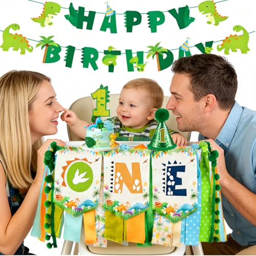 One a Saurus Birthday Decorations-Pre-Strung Happy Birthday Felt Banner Dinosaur 1st Birthday Decorations,Dinosaur Birthday Garland, Highchair Banner for Dino Themed Party Supplies - color: Dinosaur