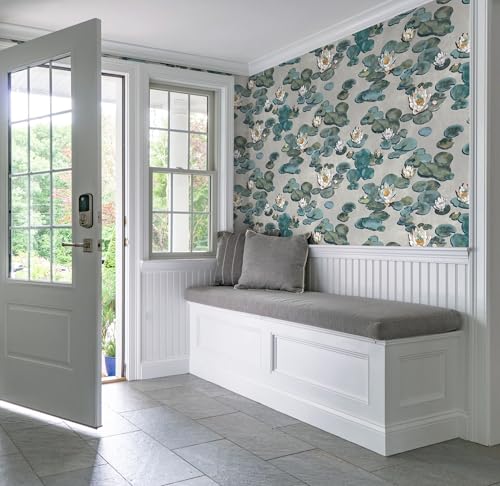 Vinjiasin Floral Peel and Stick Wallpaper Boho Grey and Green Oil Painting Wall Paper Vintage Lotus Contact Paper Neutral Removable Wallpaper for Bathroom Bedroom Accent Wall Vinyl Roll 17.3''×78.7'' - color: Grey and Green, size: 17.3" x 78.7"