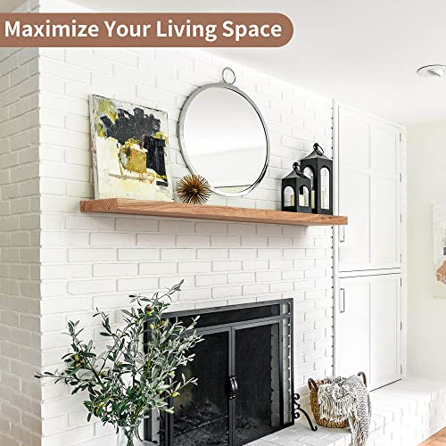 Axeman Rustic Elm Wood Floating Shelves for Wall, 48'' x 8" Deep Wall Shelf with Invisible Bracket, Large Long Wall Mounted Storage Shelves for Living Room, Bedroom, Kitchen, Bathroom Decor, Natural - color: Natural Elm With Flat Edge, size: 48 inches - 1